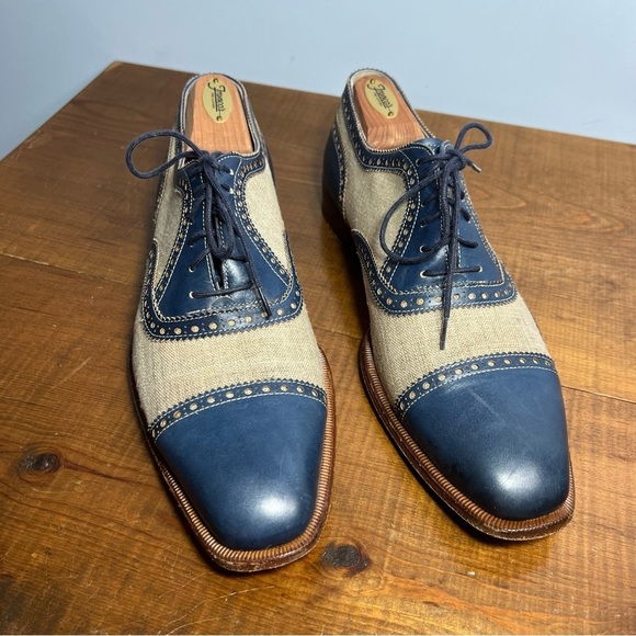 Romano Martegani for Francos handmade brogue oxford blue leather cream linen 9.5 - Picture 3 of 15